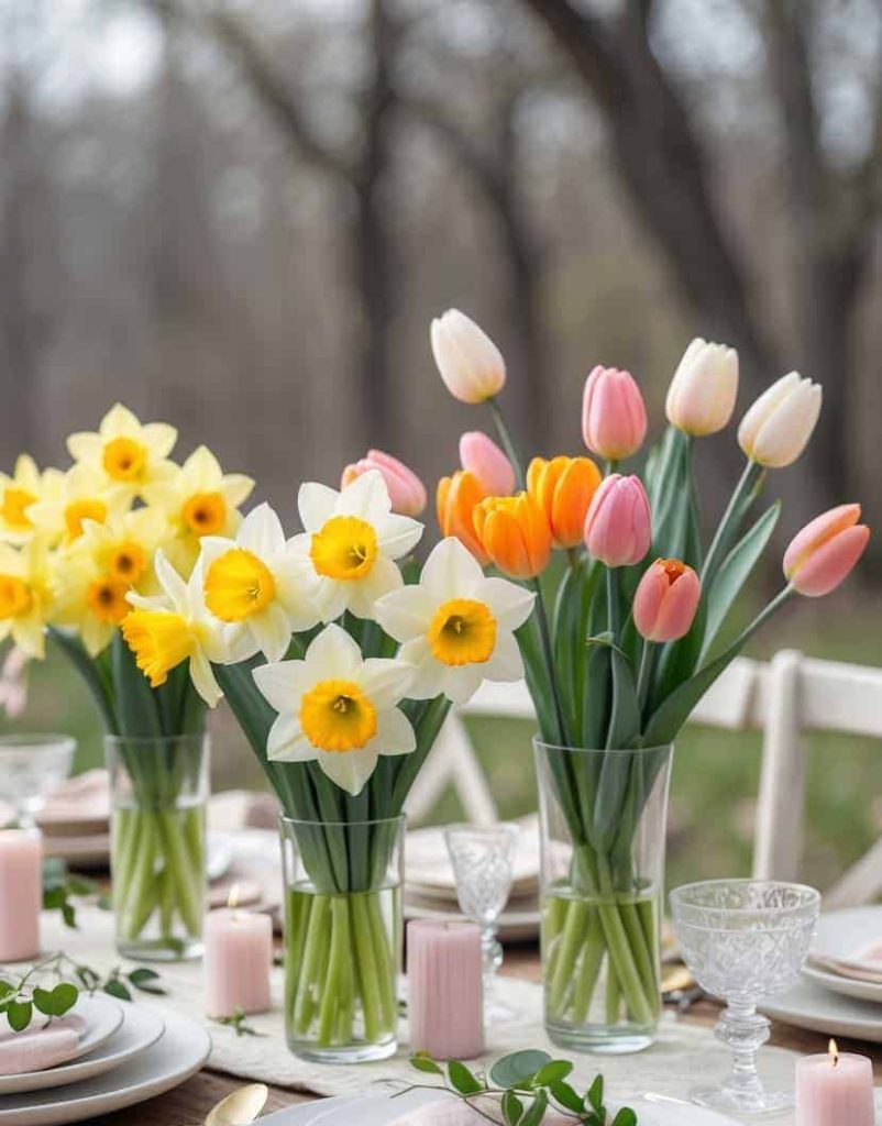 A table set outdoors with white plates, pink napkins, and glass vases filled with yellow daffodils and pink and orange tulips. Pink candles and greenery serve as accents.