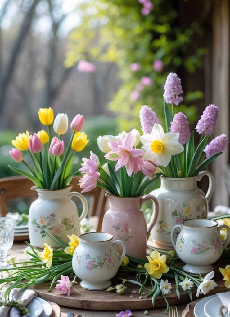 Four ceramic pitchers with floral patterns hold fresh spring flowers, including tulips, daffodils, and hyacinths, arranged on a wooden outdoor table set for a meal.