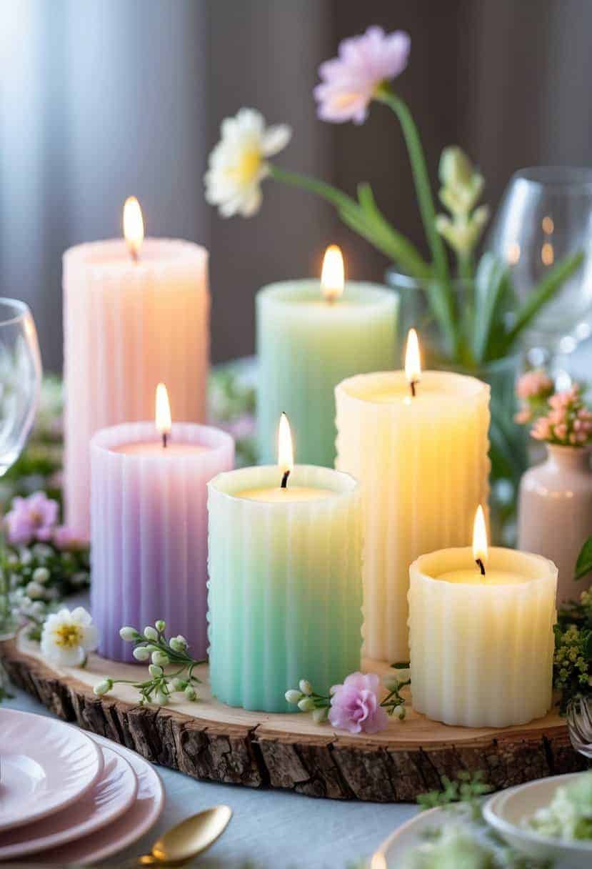 Glowing candles in pastel holders arranged on a spring-themed table with flowers and greenery.