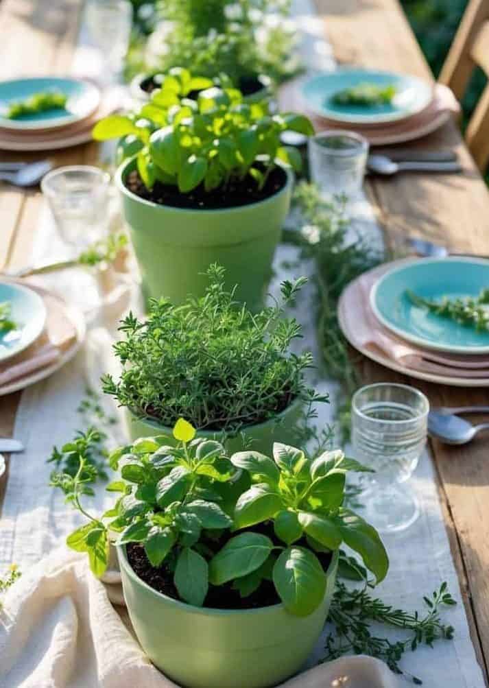 A wooden table set for a meal features green potted herbs as a centerpiece, with plates, glasses, and cutlery arranged around them.