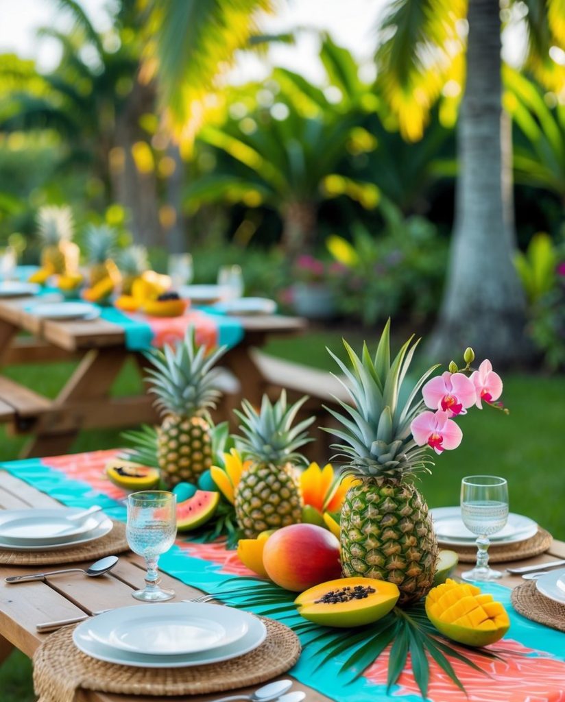 A tropical outdoor table setting features pineapples, mangoes, and papayas as centerpieces, with plates, glasses, and cutlery arranged on a wooden picnic table.