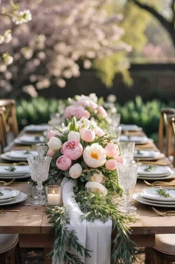A long wooden table set for an outdoor meal features white plates, glassware, and a centerpiece of pink and white flowers, with trees and blooming branches in the background.