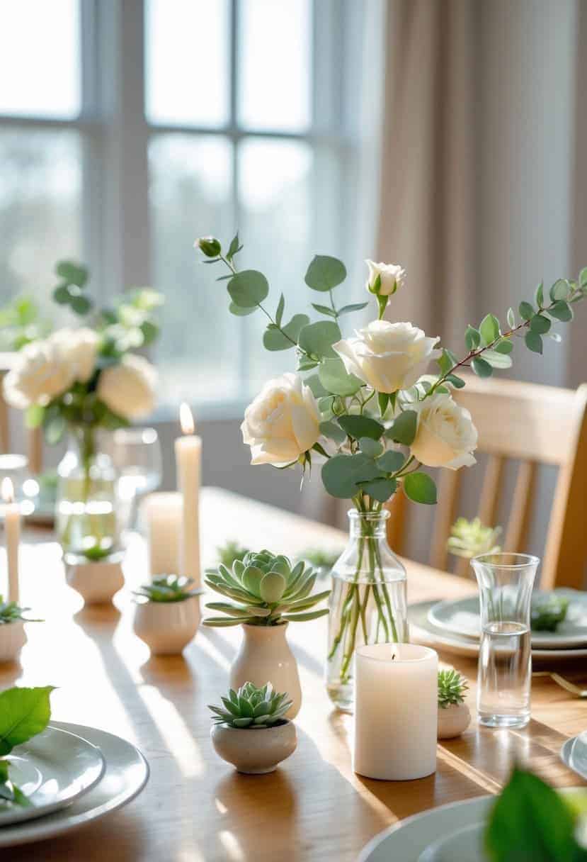 A small dining table with elegant centerpieces including flowers, candles, and succulents arranged on it.