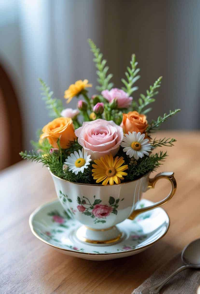A small floral arrangement in a teacup sitting on a small dining table.