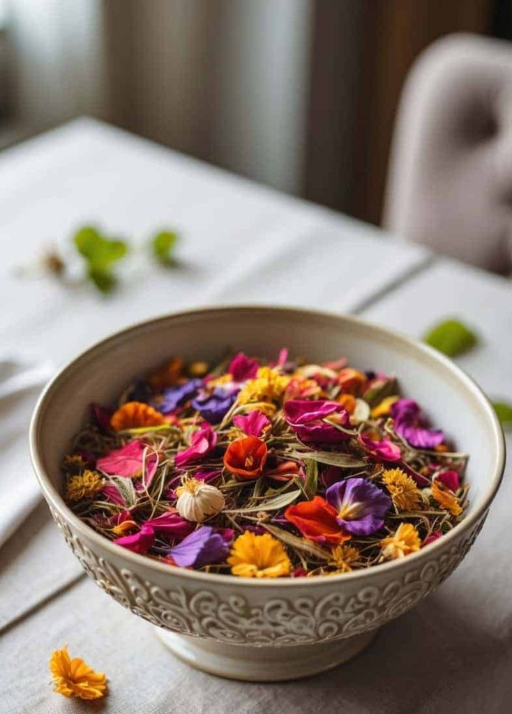 A ceramic bowl filled with a mix of colorful dried flower petals sits on a table with a white tablecloth.