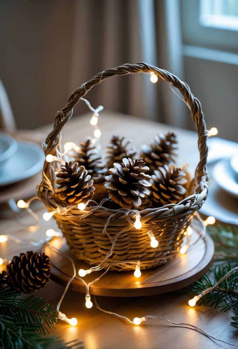 Small woven basket with pinecones and fairy lights on a small dining table.