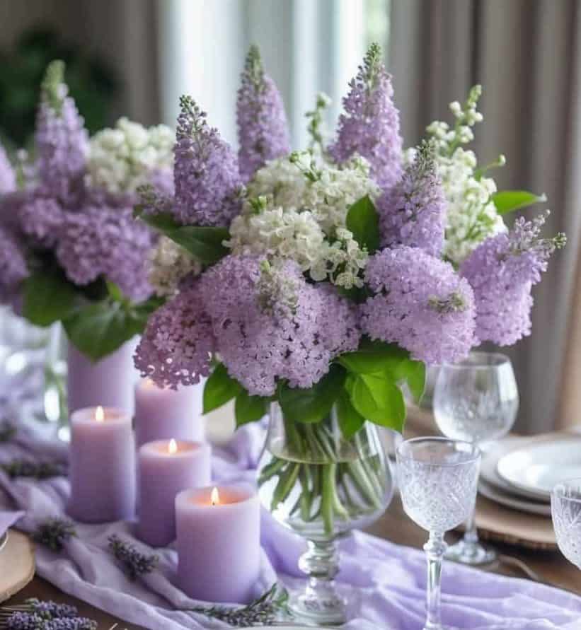 A dining table set with white plates, crystal glasses, lavender napkins, lilac flowers in vases, and lit lavender candles on a lilac table runner.