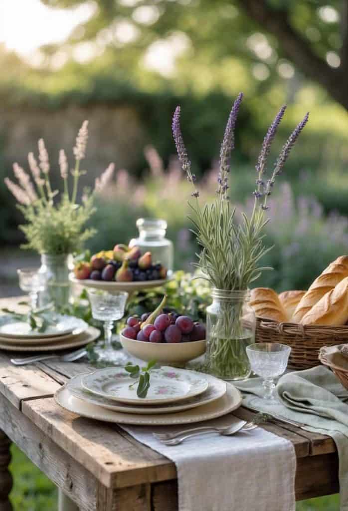 A rustic outdoor table is set with plates, glasses, a basket of bread, bowls of fruit, and vases of lavender, surrounded by greenery in natural sunlight.