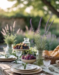 A rustic outdoor table is set with plates, glasses, a basket of bread, bowls of fruit, and vases of lavender, surrounded by greenery in natural sunlight.