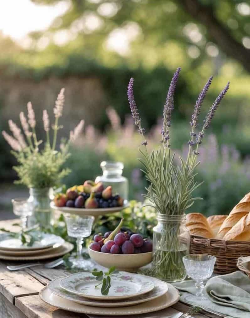 A rustic outdoor table is set with plates, glasses, a basket of bread, bowls of fruit, and vases of lavender, surrounded by greenery in natural sunlight.