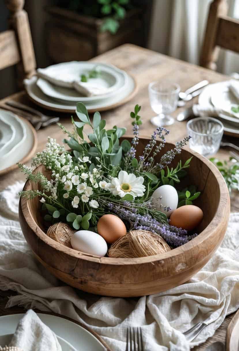 A wooden dough bowl filled with greenery, white flowers, dried lavender, and eggs on a wooden dining table set with plates, napkins, silverware, and glassware.