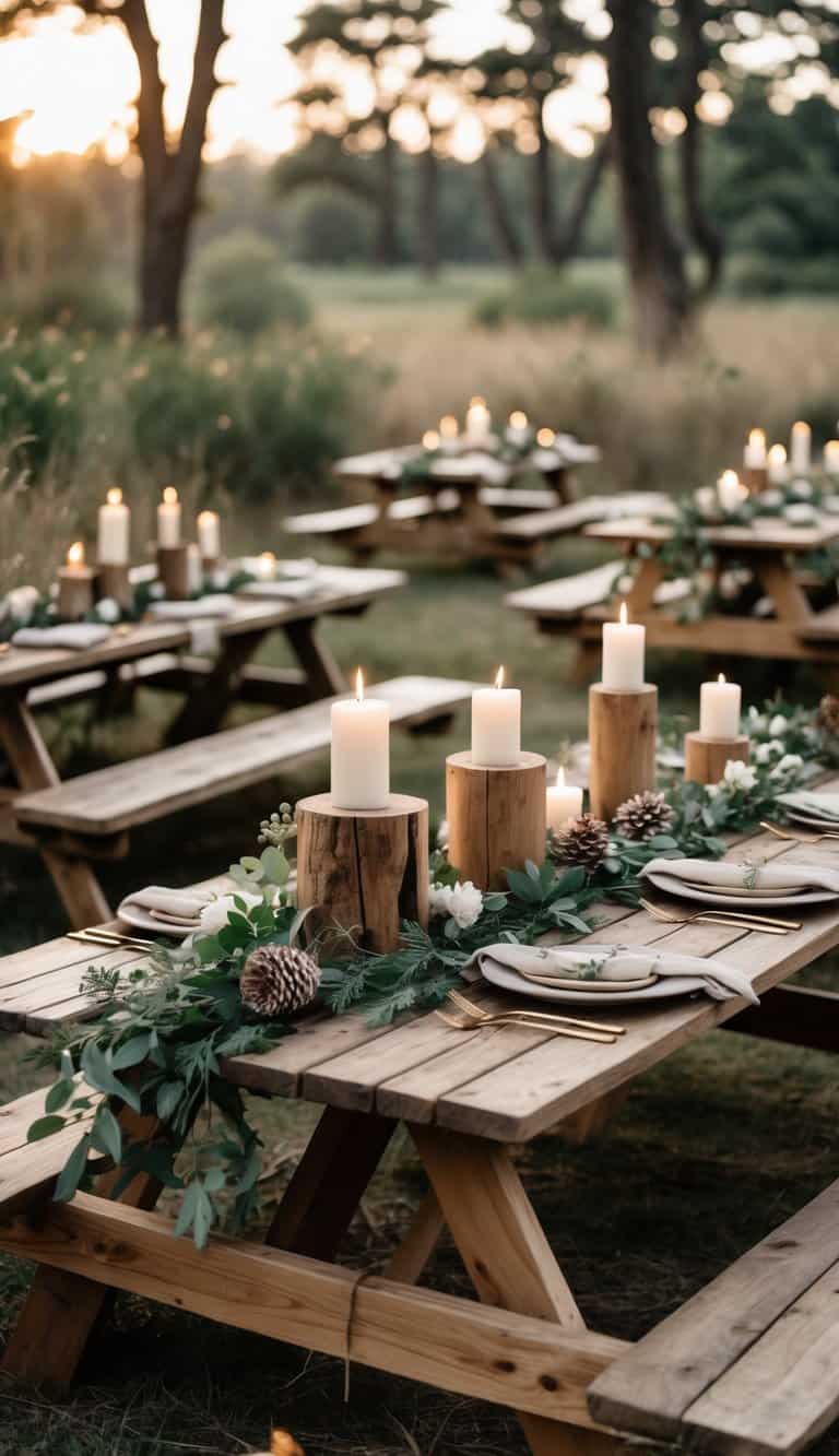 Outdoor picnic tables with raw wood candle holders, greenery, and candles arranged in a natural setting.