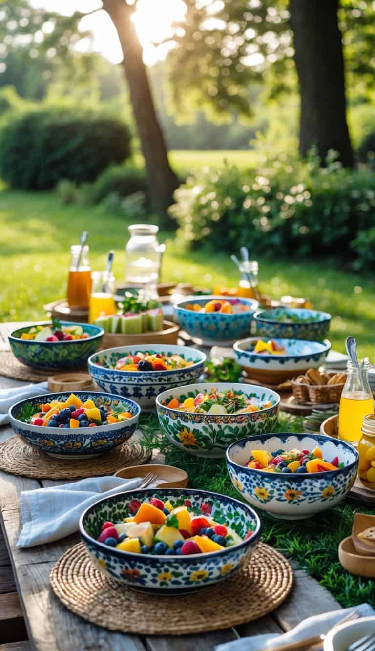 Outdoor picnic table set with colorful handpainted ceramic bowls filled with fresh food surrounded by picnic accessories in a green garden.