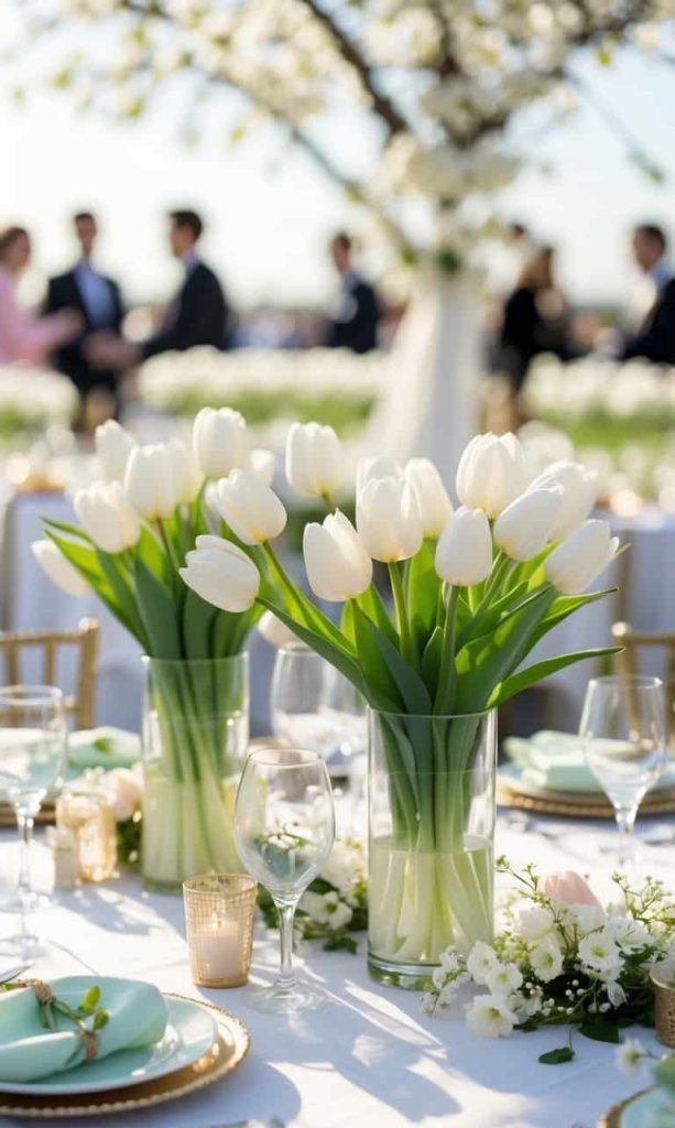 Clear glass vases with white tulips serve as centerpieces on an elegantly set outdoor table, with people blurred in the background.