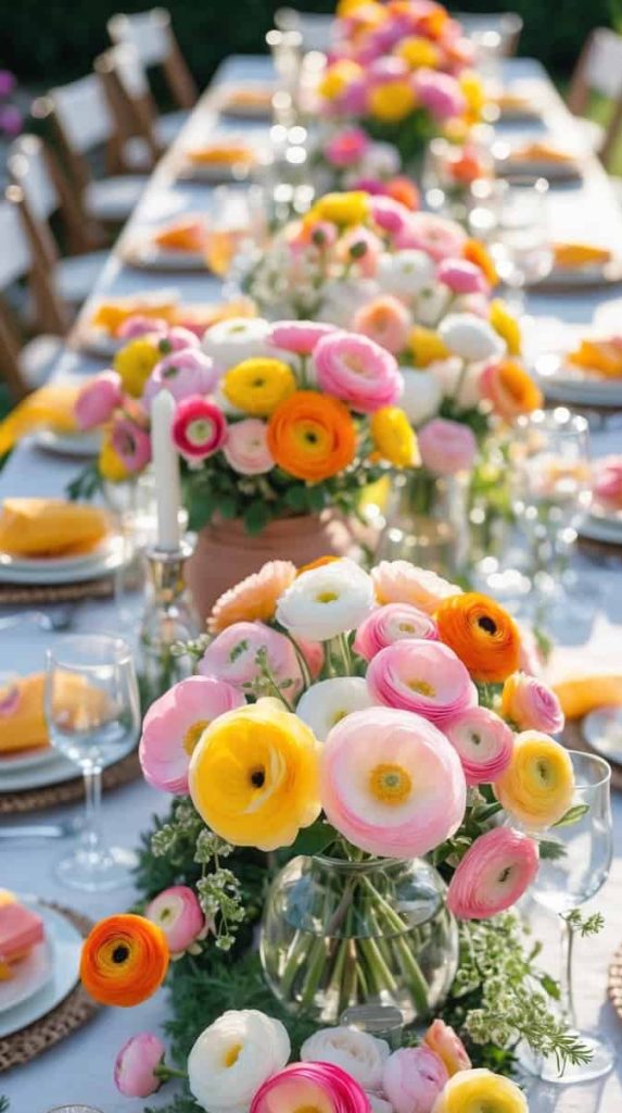 A long outdoor dining table is set with plates, glasses, and napkins, and decorated with vibrant bouquets of ranunculus flowers in pink, yellow, orange, and white.