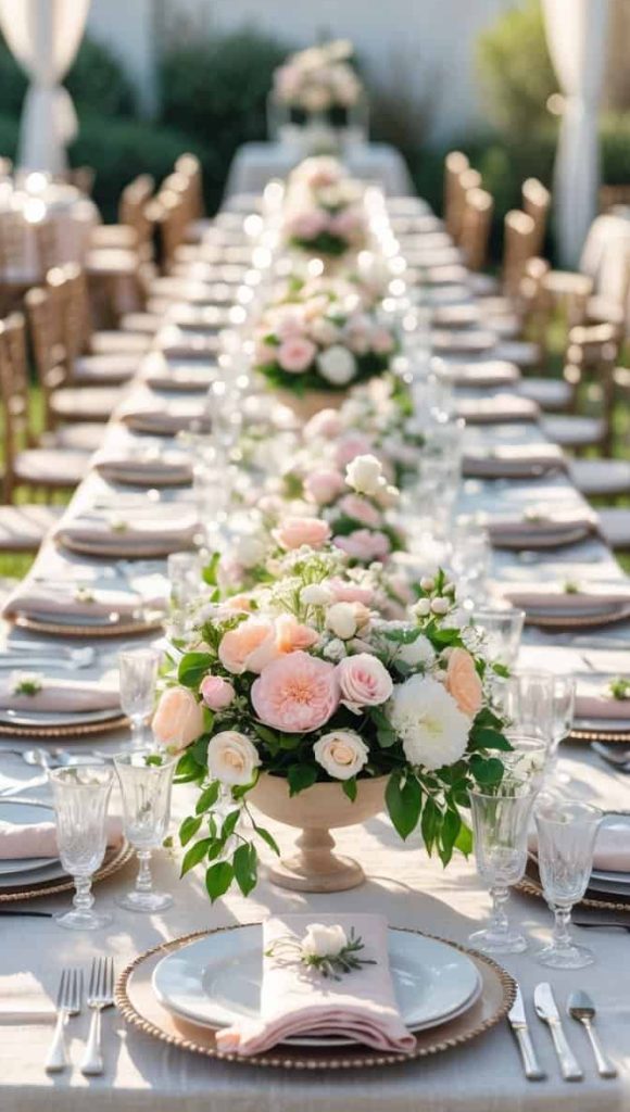 A long outdoor dining table is set with plates, glasses, napkins, and centerpieces of pink and white flowers, arranged for a formal event or celebration.