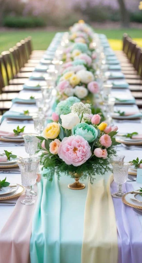 A long outdoor dining table is set with pastel-colored flowers, glassware, plates, and fabric runners in soft shades, arranged for a formal event or gathering.