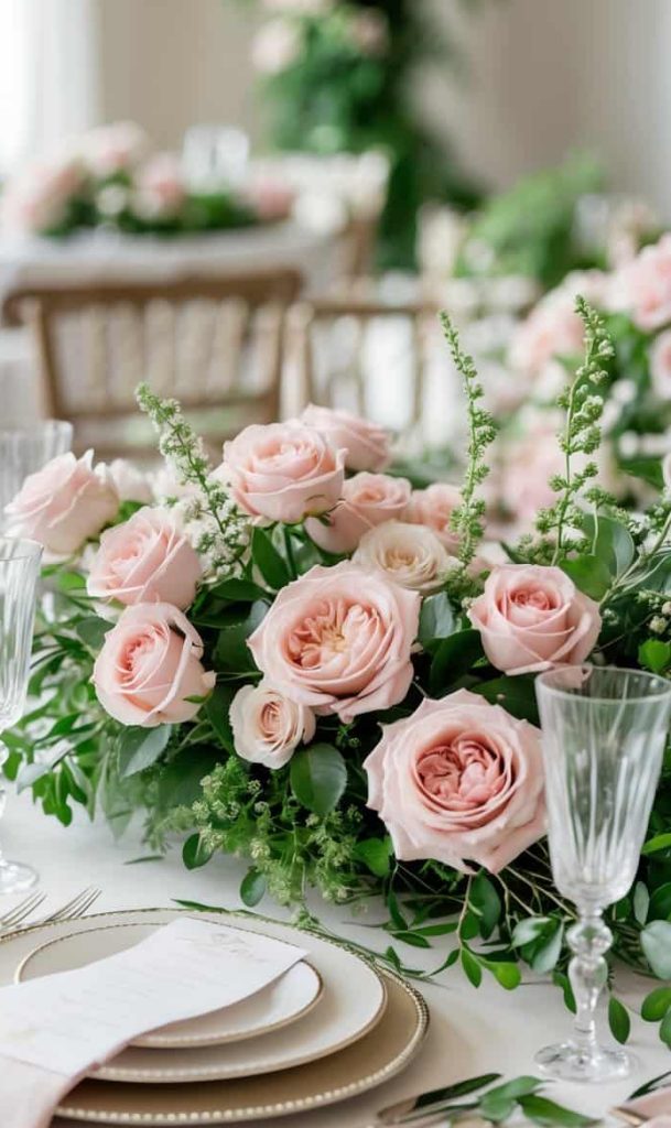 Elegant table setting with gold-rimmed plates, crystal glasses, and a centerpiece of pink roses and greenery. Other similarly decorated tables appear in the background.