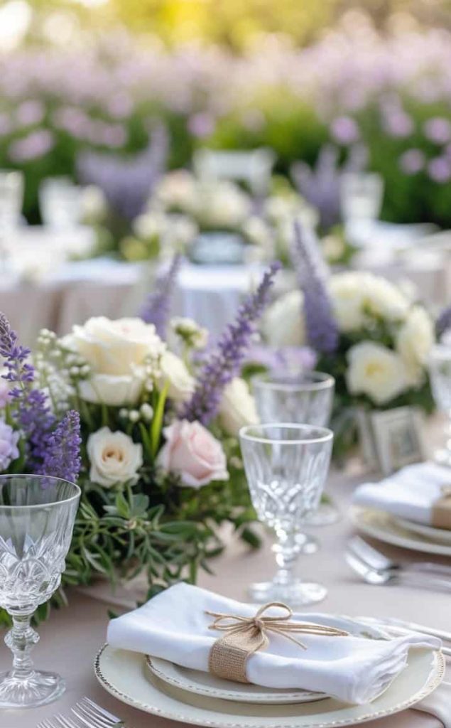 A formal outdoor table setting with white plates, crystal glasses, silver cutlery, white napkins tied with twine, and floral centerpieces featuring white and purple flowers.