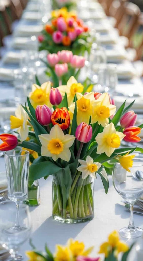A long outdoor dining table is set with plates, glasses, and cutlery, featuring vases of yellow daffodils and multicolored tulips as centerpieces.