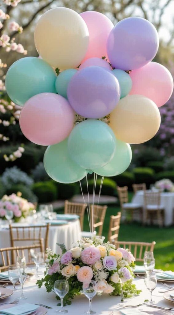 A cluster of pastel balloons is centered above a floral arrangement on an outdoor event table set with plates, glasses, and cutlery.
