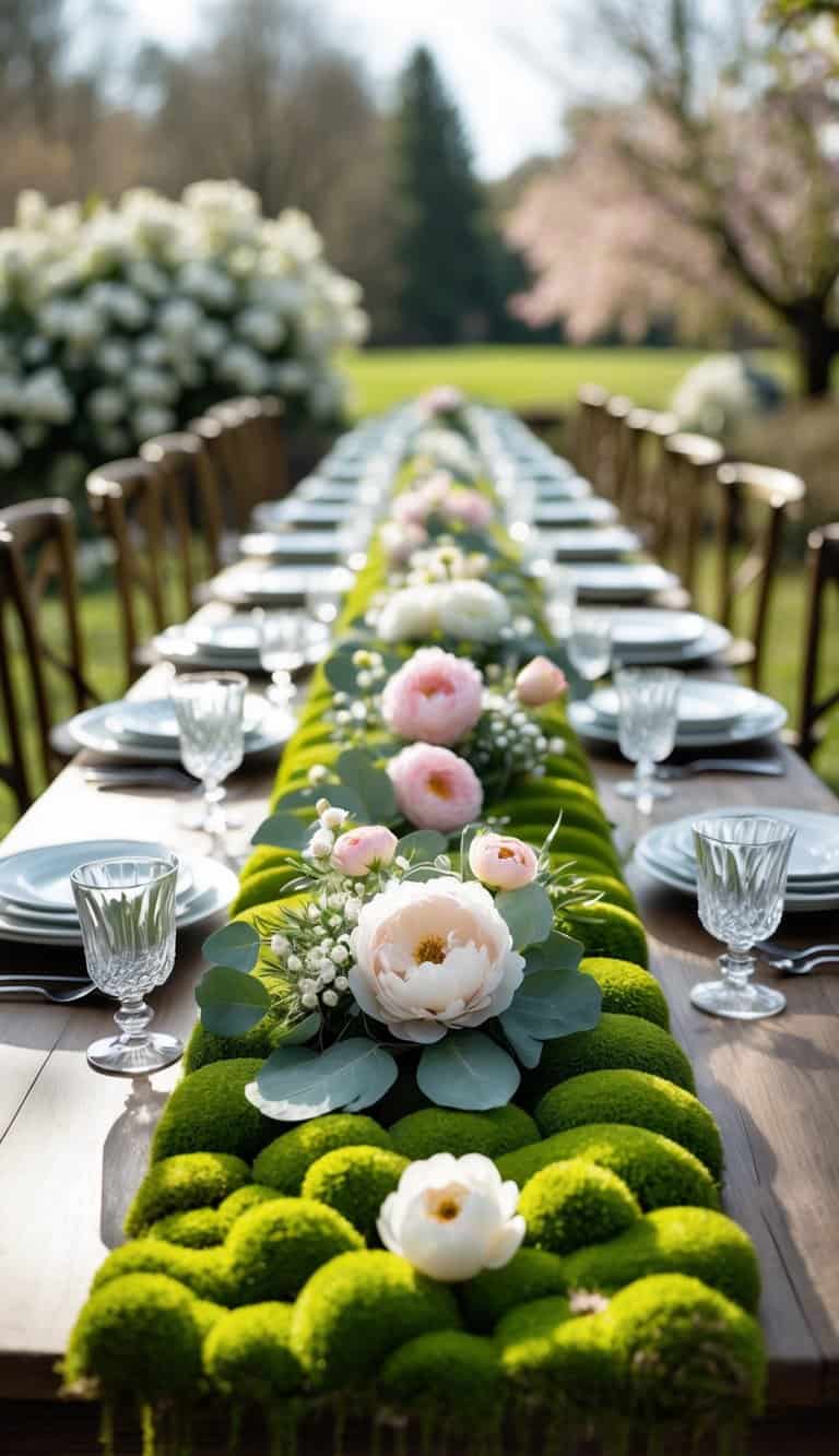 A long wooden table set for a spring wedding with a green moss runner and pastel flower arrangements.