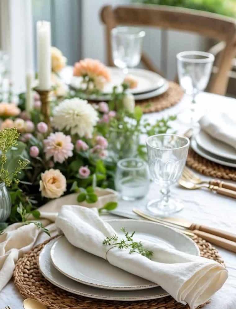 A dining table set with woven placemats, white plates, folded napkins, gold and wood cutlery, glassware, and a floral centerpiece with candles.