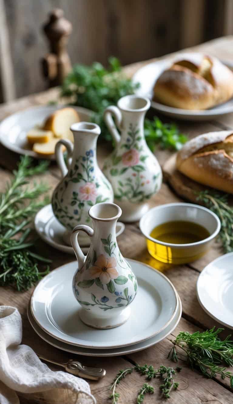 A wooden table set with hand-painted ceramic vinegar cruets, fresh herbs, bread, and white plates in a cozy dining setting.