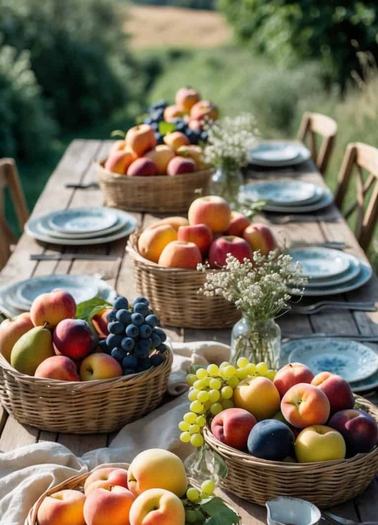 A long outdoor table is set with plates and cups, featuring baskets filled with assorted fresh fruits and small vases of flowers.