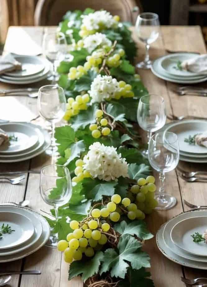 A wooden dining table set for six, decorated with a centerpiece of green grapes, grape leaves, and white flowers. Plates, glasses, and napkins are neatly arranged.