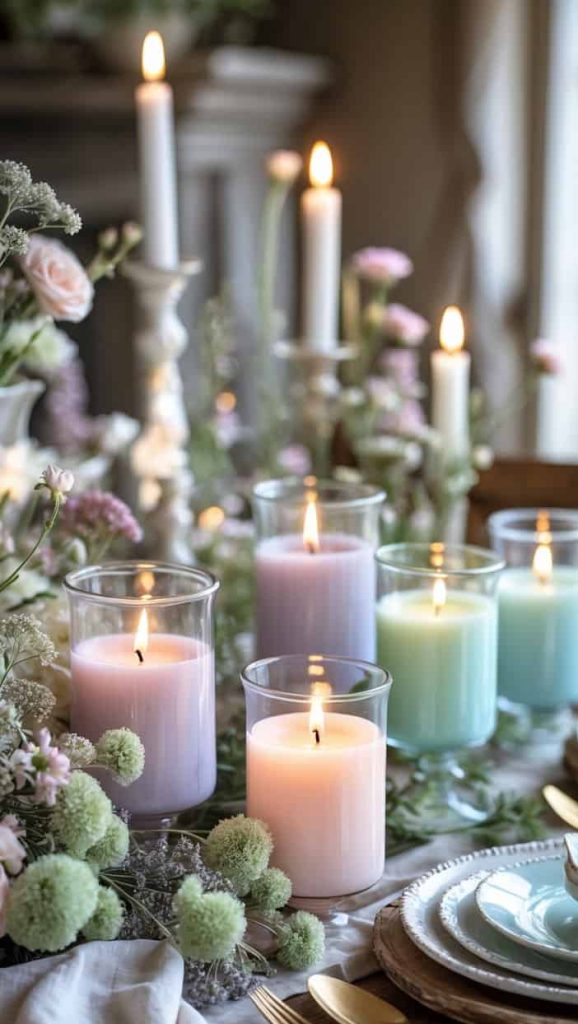 A dining table decorated with pastel-colored candles, floral arrangements, and elegant tableware, with several candles lit.