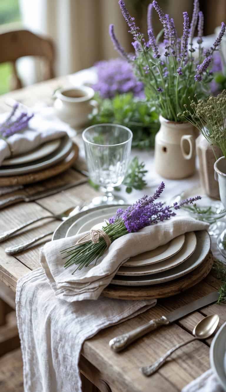 A rustic wooden table set with folded linen napkins decorated with lavender sprigs, surrounded by plates and glassware.