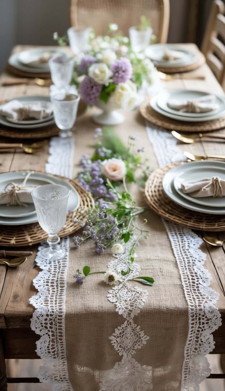 A rustic table set with a burlap tablecloth and a white lace runner, decorated with plates, glassware, flowers, and greenery.