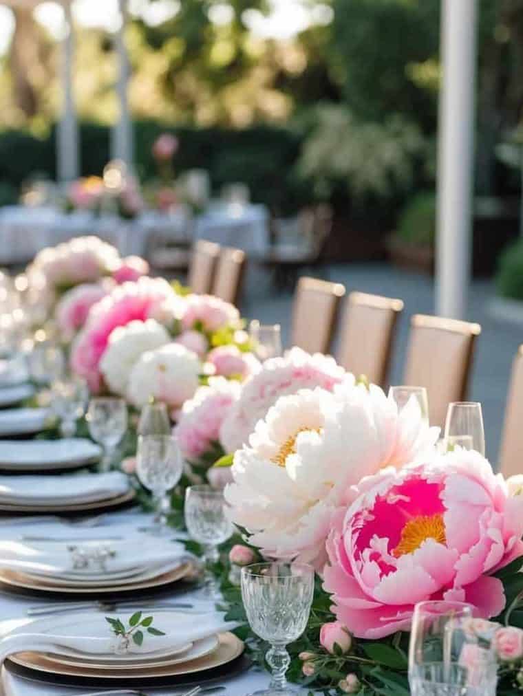 A long outdoor dining table is elegantly set with white plates, glassware, and large pink and white peonies as a centerpiece, surrounded by greenery.