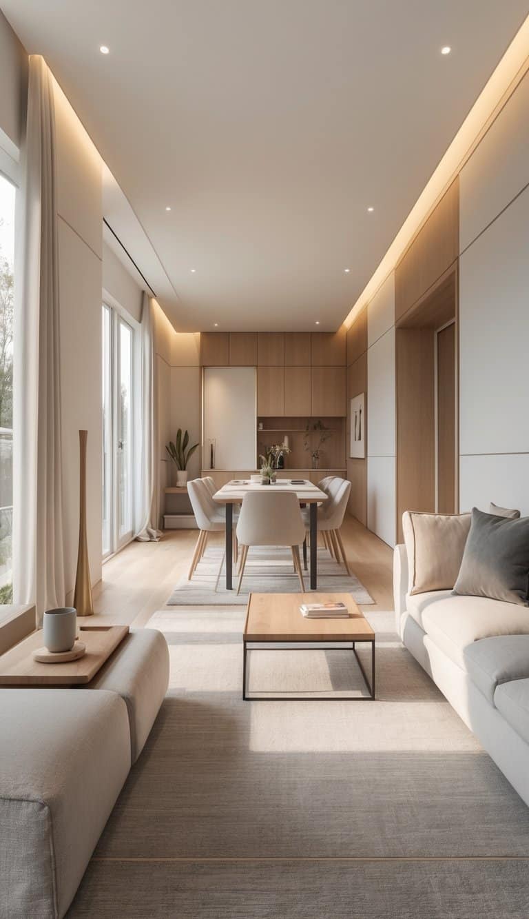 A long narrow living room with a sofa and coffee table in a seating area, and a separate dining table and chairs arranged further down the room.