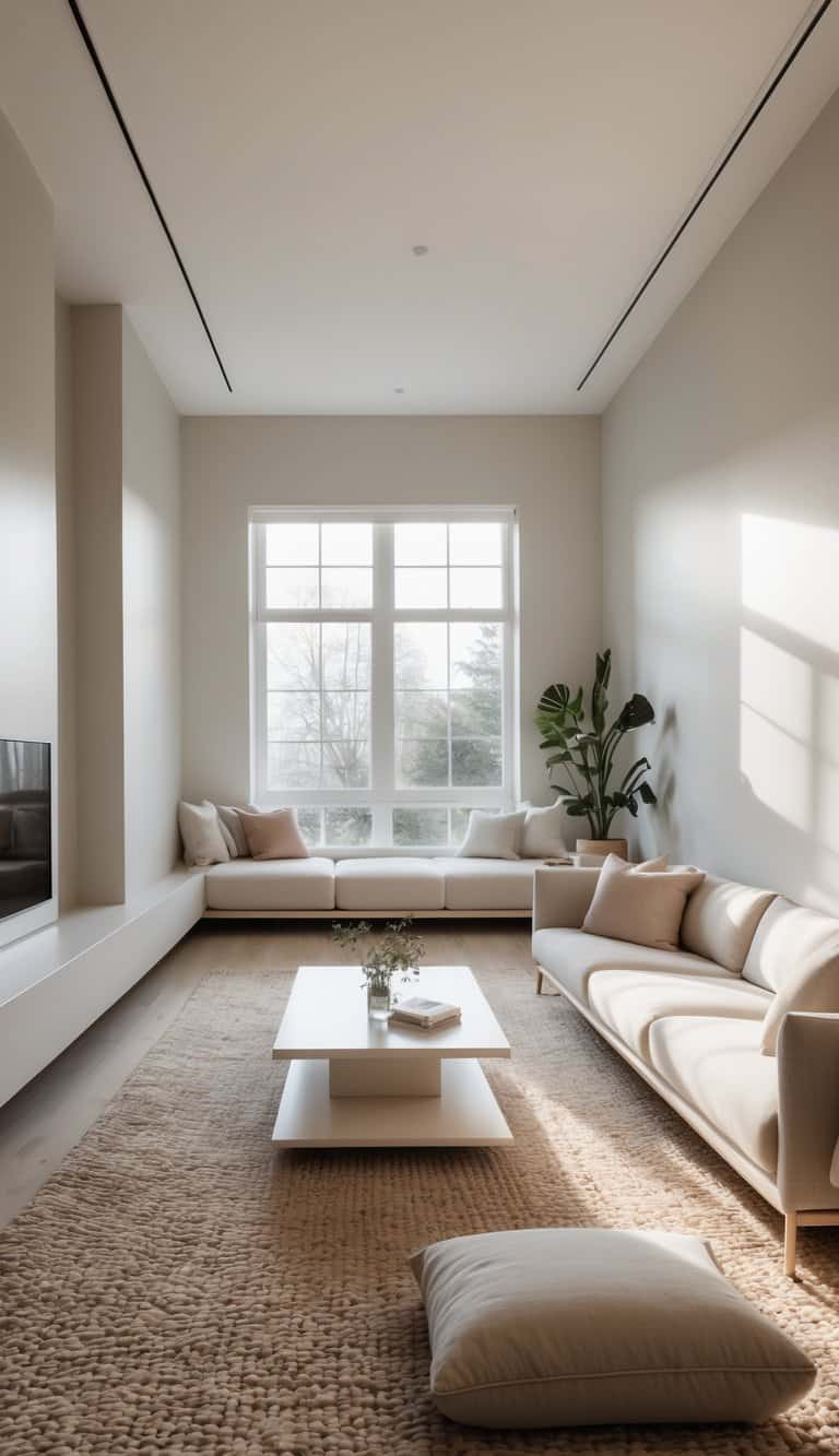 A bright long narrow living room with a sofa and coffee table arranged away from the walls, featuring large windows and a clean, open layout.