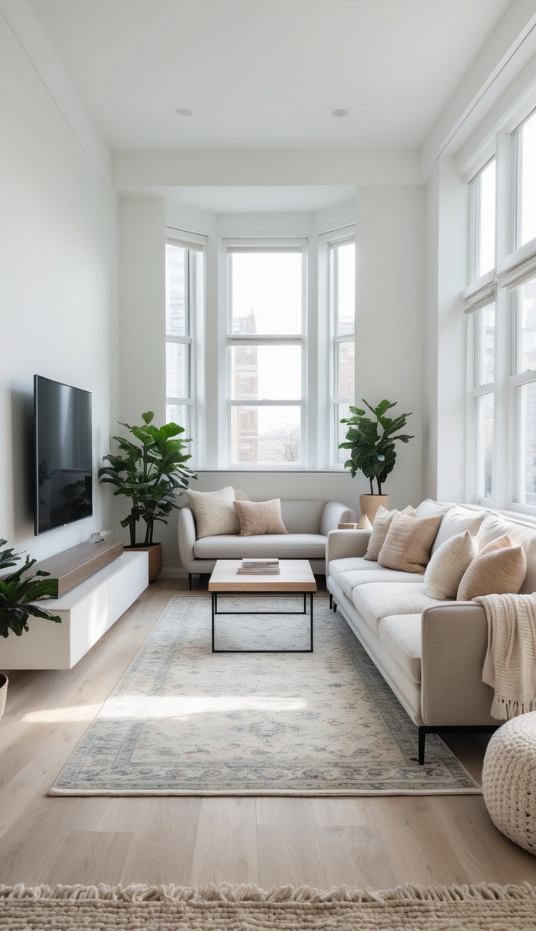A long narrow living room with a sofa, coffee table, and area rugs defining different spaces, illuminated by natural light.