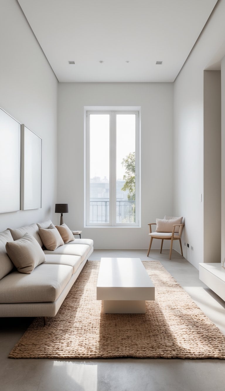 Long narrow living room with a sofa, coffee table, and bright natural light coming through large windows.
