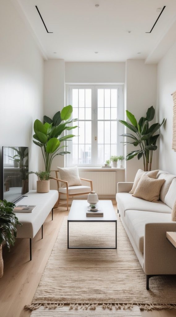 A modern living room with neutral-toned furniture, a coffee table, potted plants, a large window, and natural light filling the space.