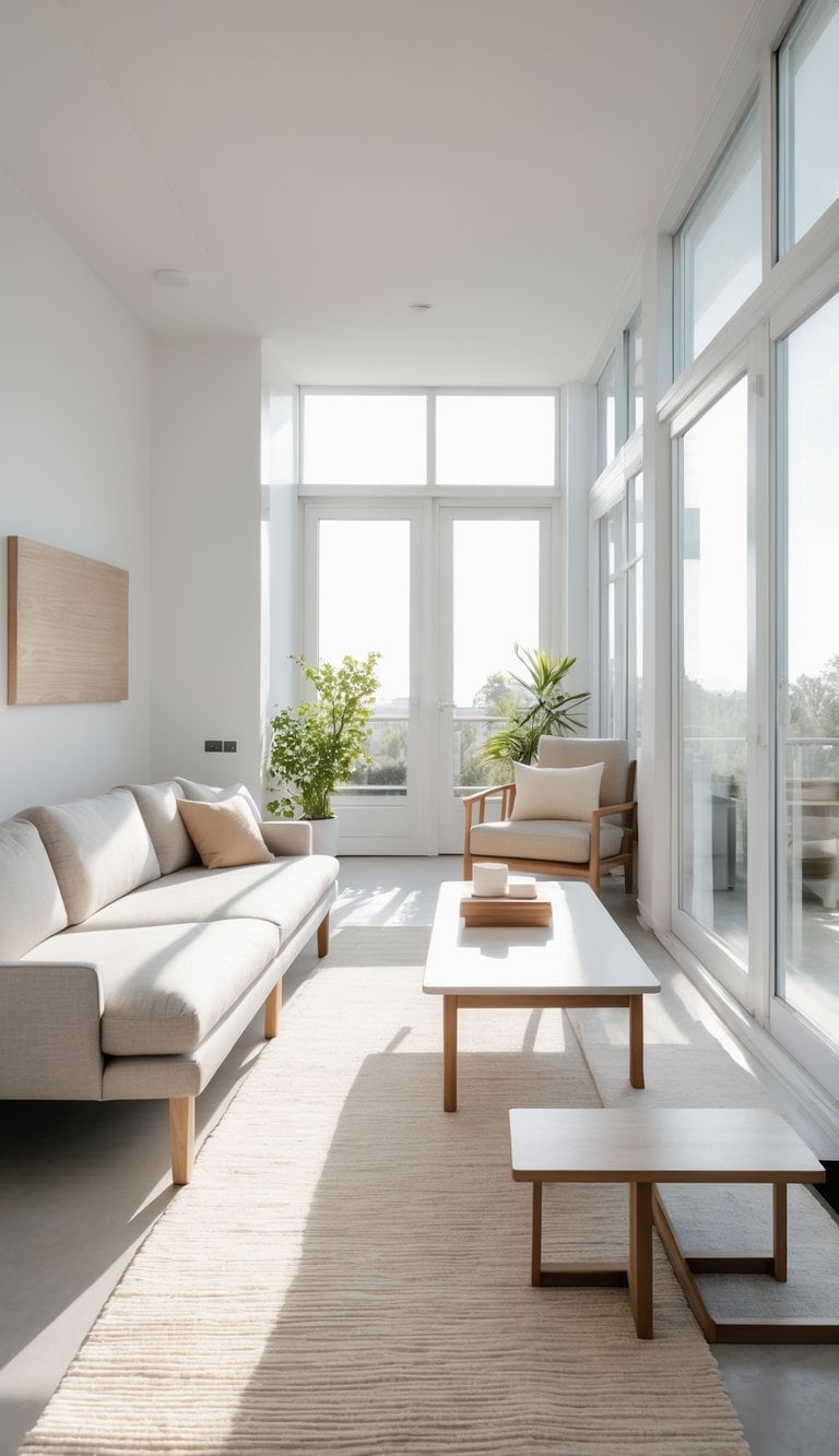 A bright, long narrow living room with a sofa and coffee table, featuring exposed furniture legs and natural light coming through large windows.