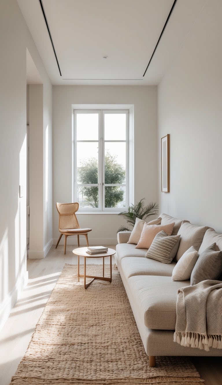 A bright, long narrow living room with a sofa and coffee table, featuring mixed patterned cushions and textured rugs, arranged in a clean and inviting space.