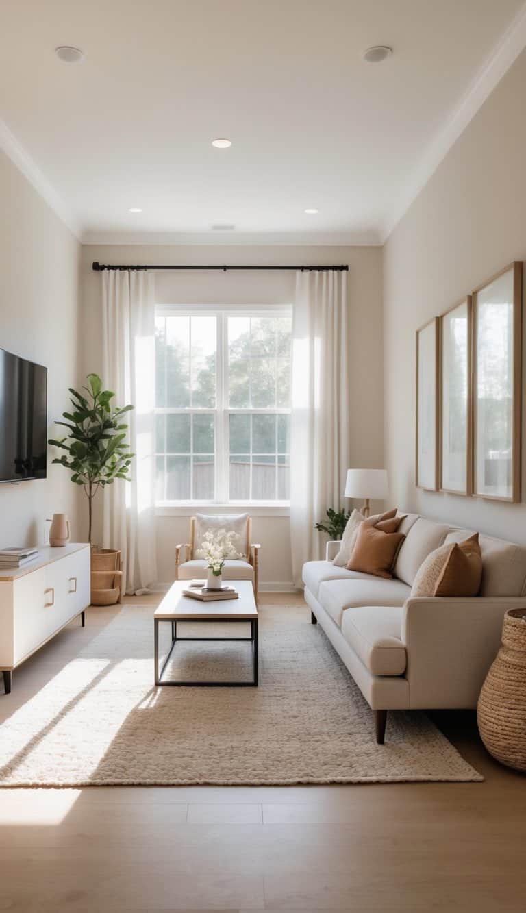 A bright, long narrow living room with a sofa, coffee table, and large windows letting in natural light.