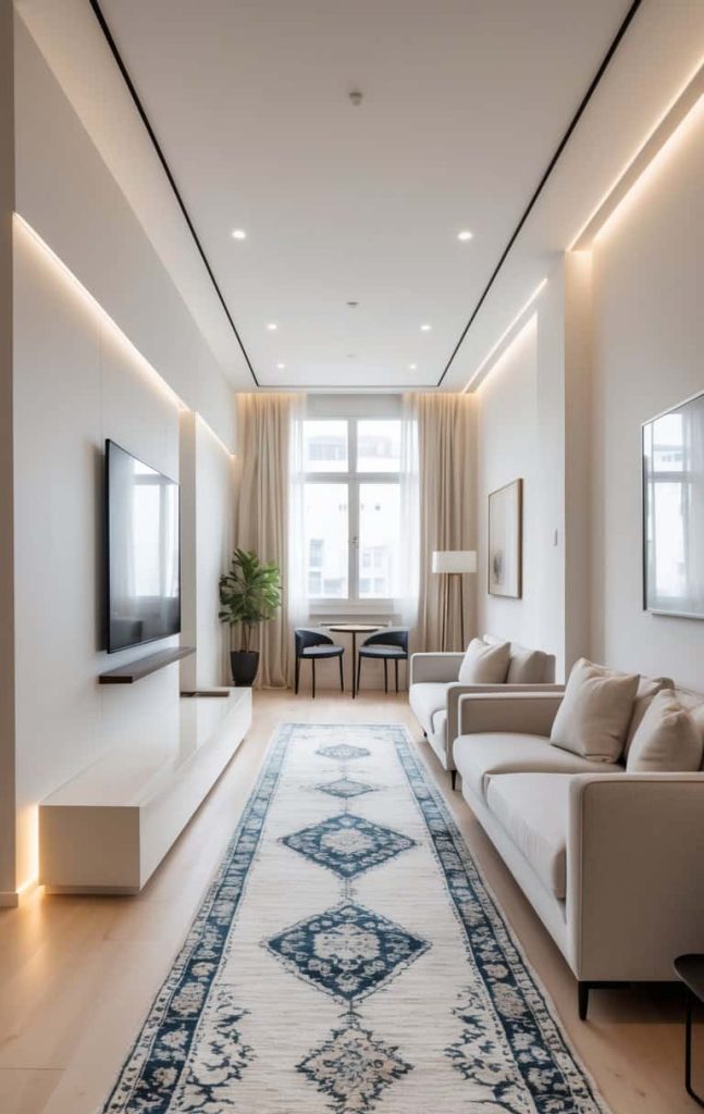 A modern, minimalist living room with light sofas, a patterned rug, wall-mounted TV, indoor plant, and a window with dining table and chairs at the far end.