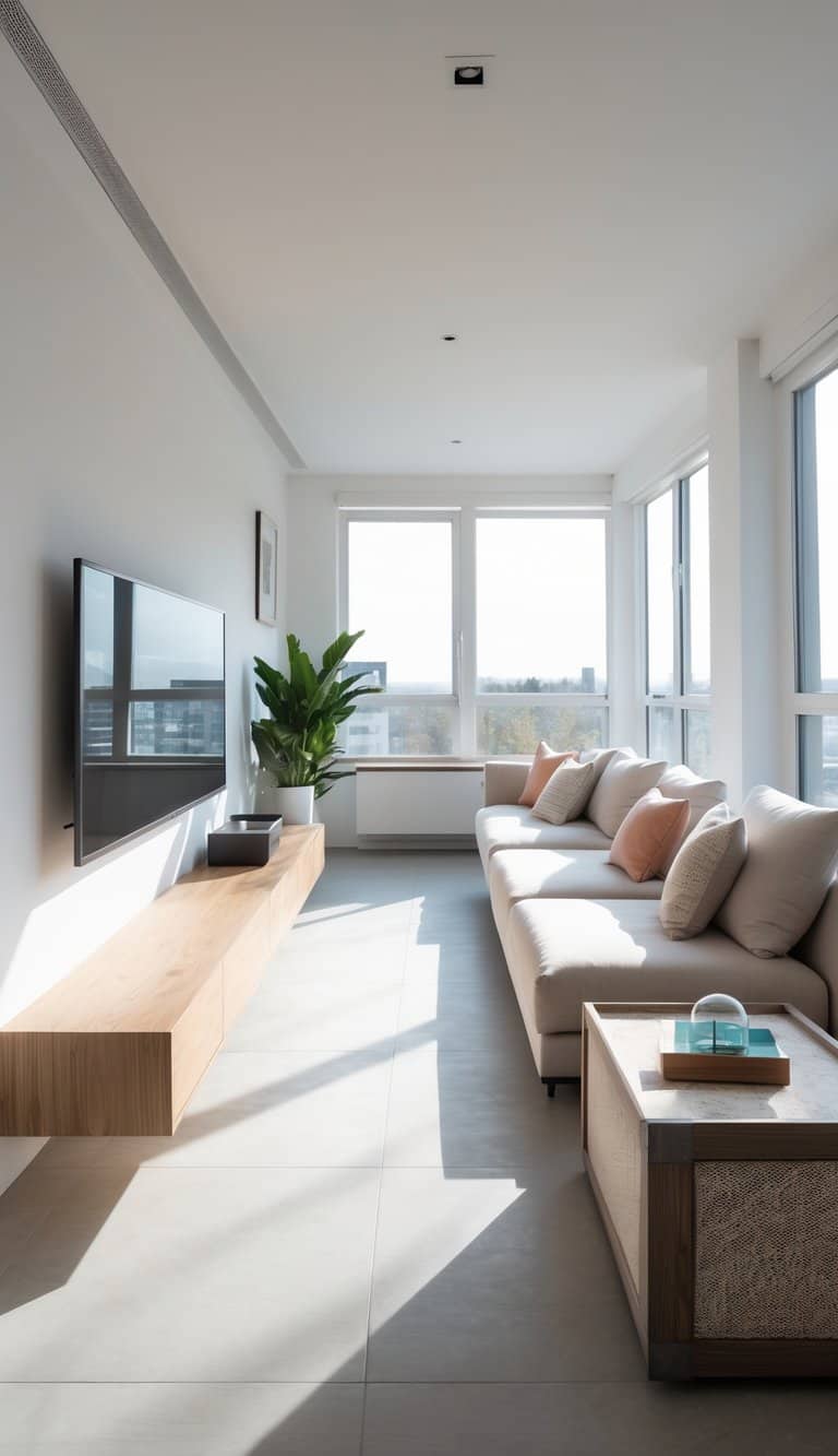 A bright long narrow living room with a floating TV stand, sofa, and coffee table arranged neatly in a clean and open space.