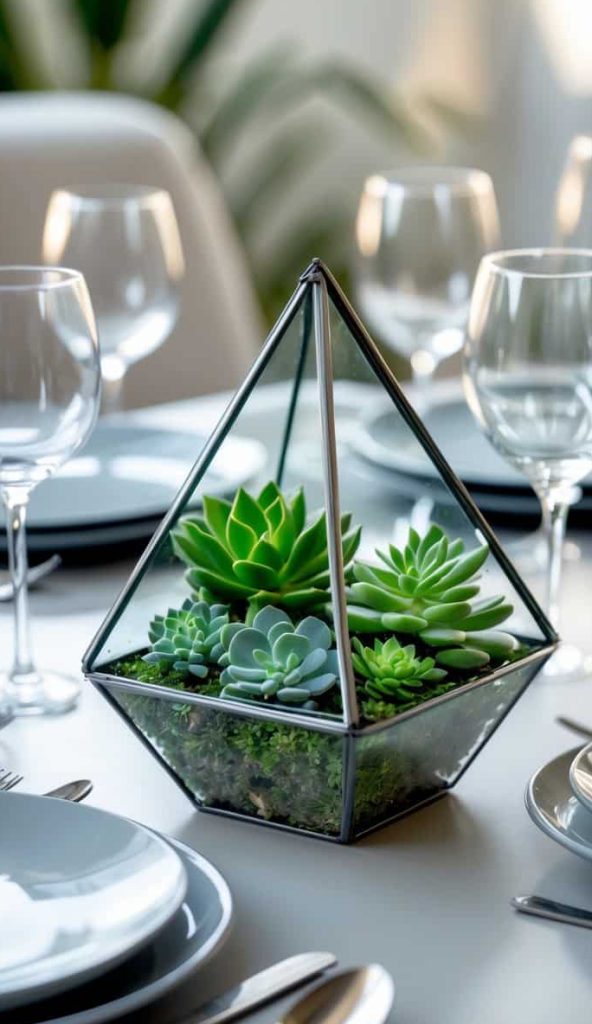 A geometric glass terrarium with green succulents serves as a centerpiece on a dining table set with plates, cutlery, and wine glasses.