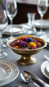 A gold bowl filled with colorful dried flowers serves as a centerpiece on a formally set dining table with white plates and glassware.
