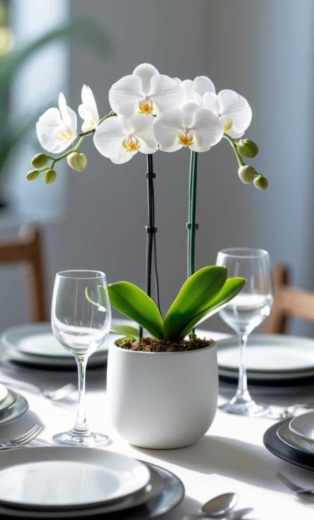 A white potted orchid sits as a centerpiece on a dining table set with plates, glasses, and utensils in natural light.