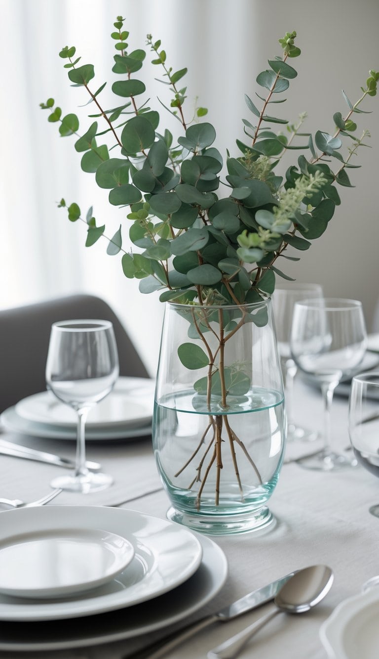 A small dining table with a clear vase holding eucalyptus branches, surrounded by plates, glasses, and cutlery.