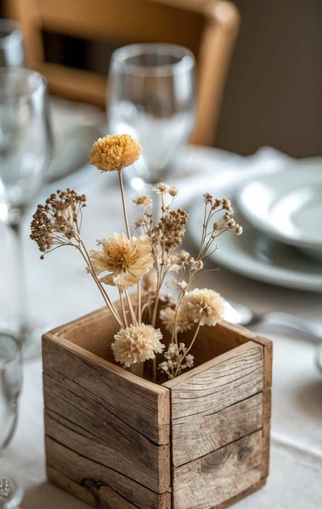 A wooden box with dried flowers serves as a centerpiece on a dining table set with plates, glasses, and cutlery.