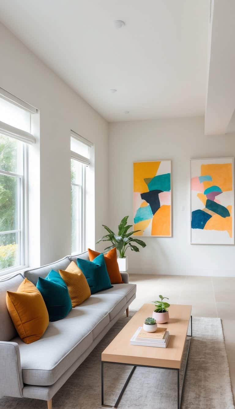 A bright long narrow living room with a gray sofa, colorful pillows, a wooden coffee table, and vibrant artwork on the wall.